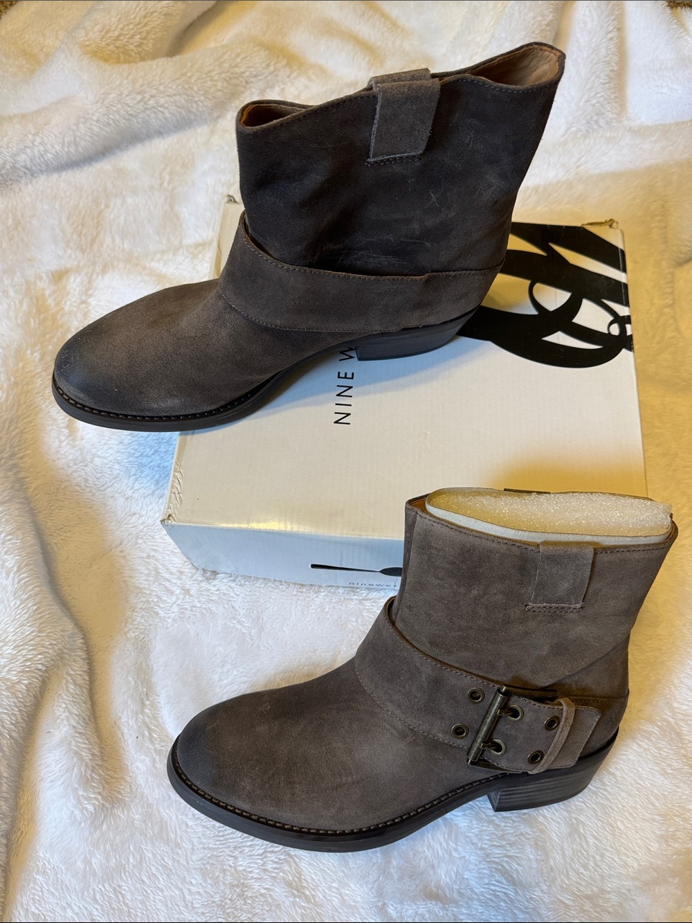 Nine West Gray Taupe Suede Buckle Ankle Boots